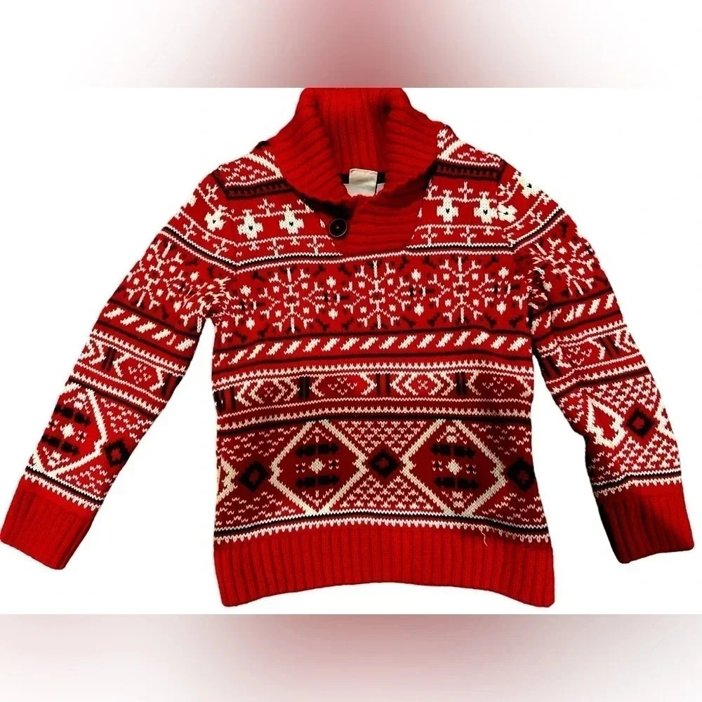 L.O.G.G. Kids Red Fair Isle Reindeer Shawl Collar Holiday Sweater Size 2-4Y
